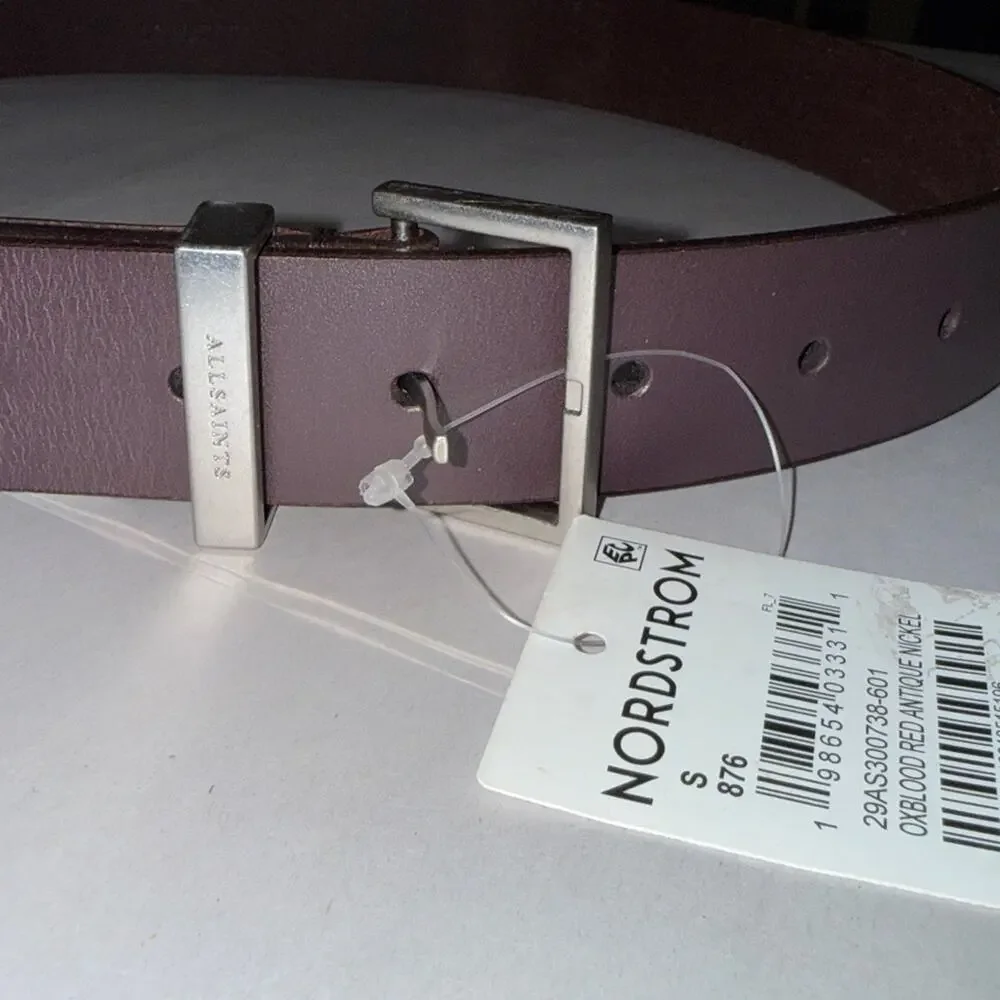 Allsaints men’s oxblood red antique nickel 3 piece belt set size small. NWT